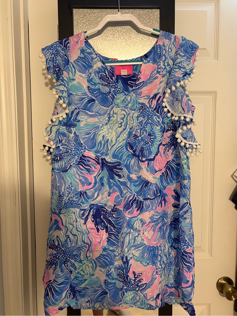 Lilly Pulitzer Blue Pink astara Floral Shift Dress with Pom Pom Trim